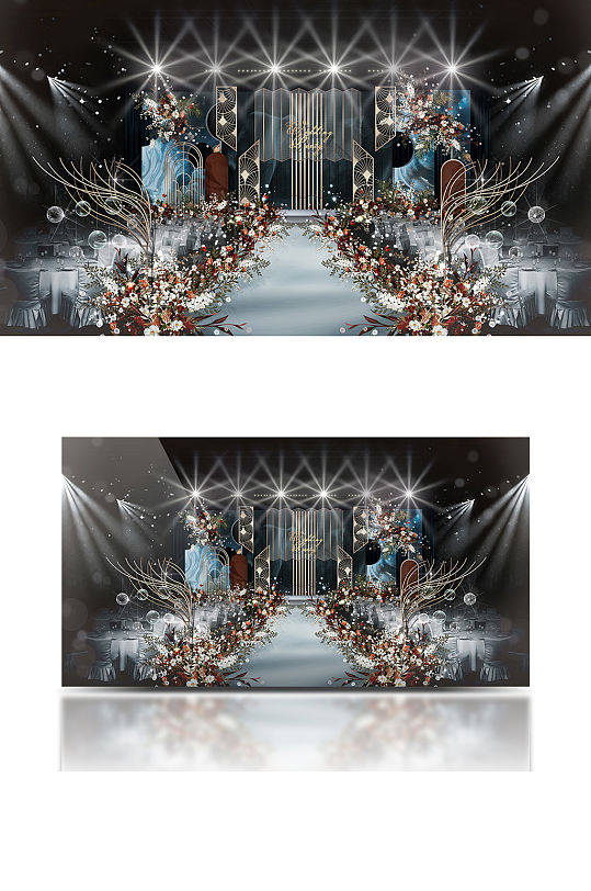 孔雀蓝红撞色复古婚礼主舞台浪漫仪式区-众图网