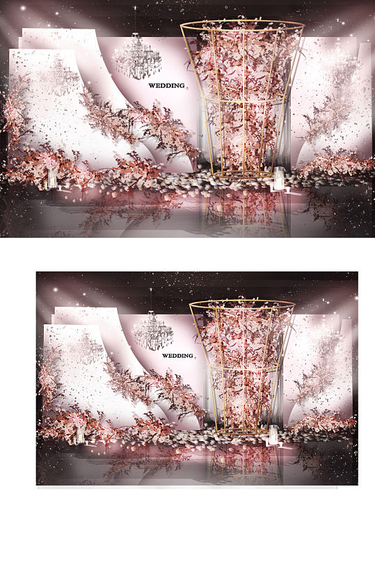 粉色婚礼合影区效果图复古浪漫唯美背景板-众图网