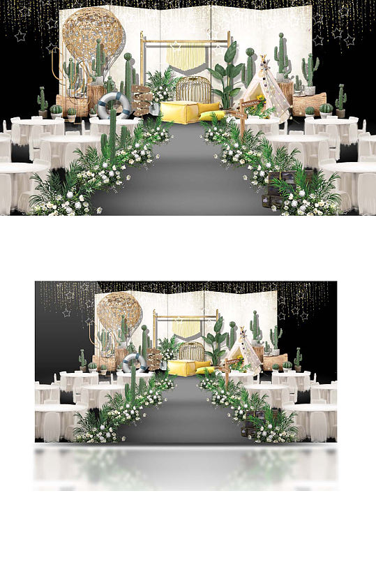 原创ins风森系婚礼舞台清新白绿色仪式区-众图网