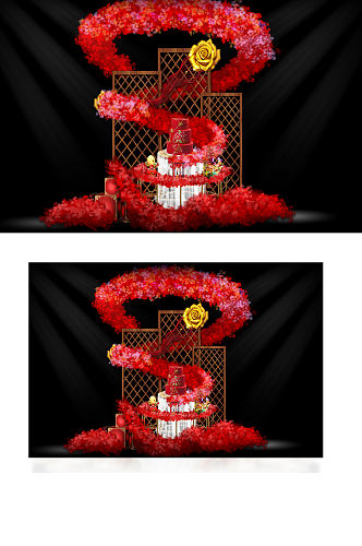 中式婚礼效果图大气创意花朵红色合影背景