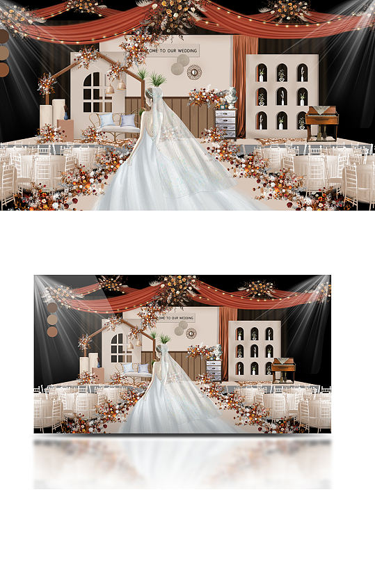 复古风婚礼效果图舞台浪漫唯美香槟色仪式区-众图网