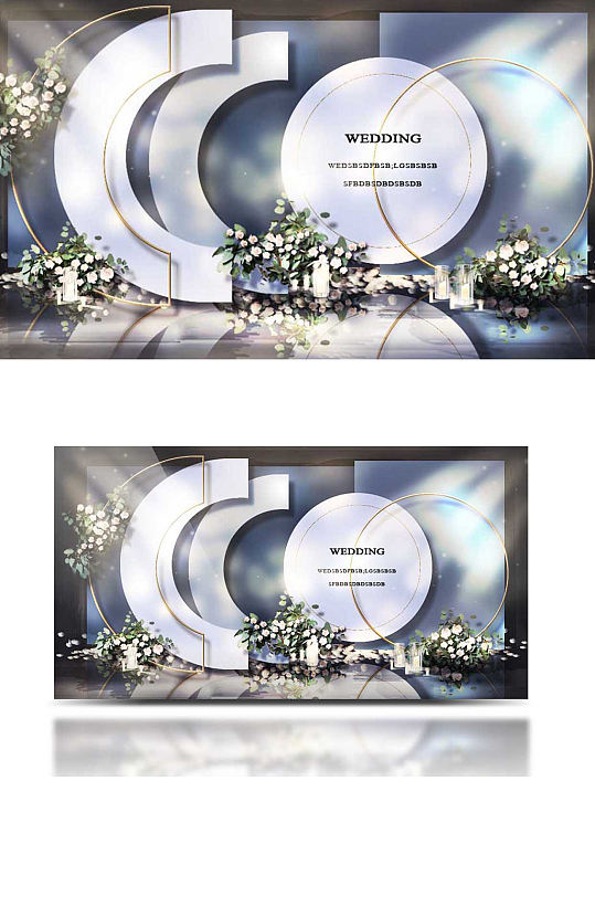 蓝色婚礼合影效果图中式复古梦幻迎宾背景板-众图网