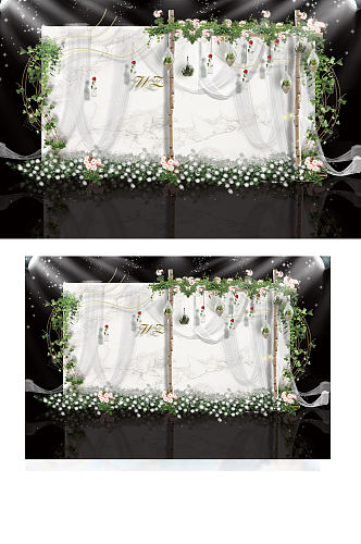 森系白绿色小清新婚礼迎宾区效果图背景板