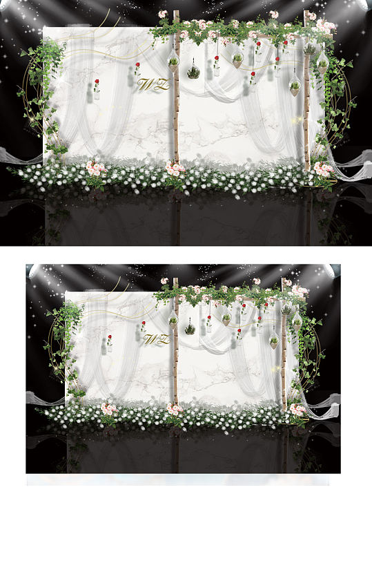 森系白绿色小清新婚礼迎宾区效果图背景板-众图网