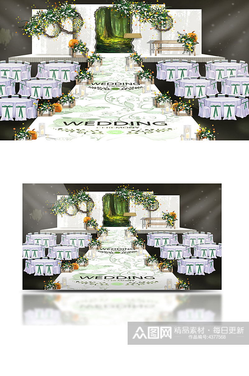 森系婚礼会场布置效果图白绿色舞台仪式区素材