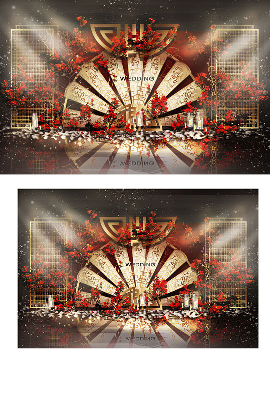 中式婚礼合影区效果图红金色复古背景板