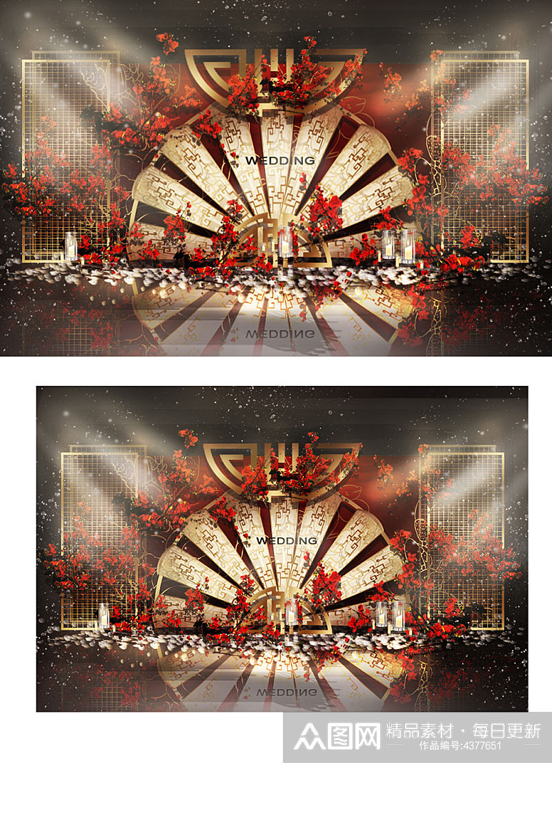 中式婚礼合影区效果图红金色复古背景板素材