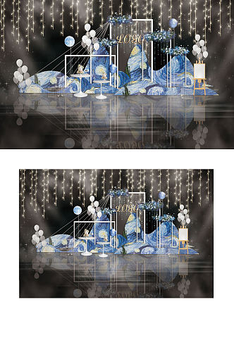 星空蓝色大气婚礼仪式区迎宾工装效果图梦幻