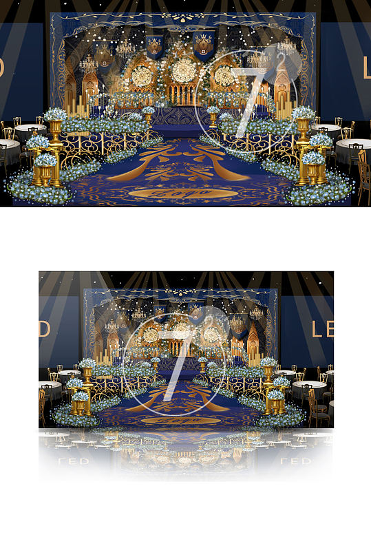 欧式梦幻蓝金婚礼舞台效果图仪式区大气-众图网
