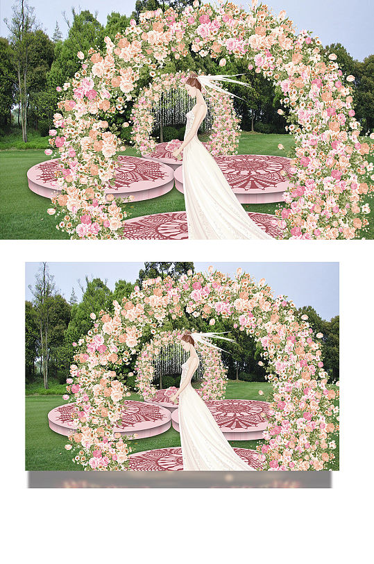 室外粉色婚礼工装效果图草坪清新梦幻-众图网