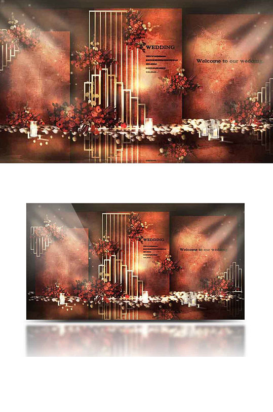 红金色婚礼合影区效果图复古迎宾背景板-众图网