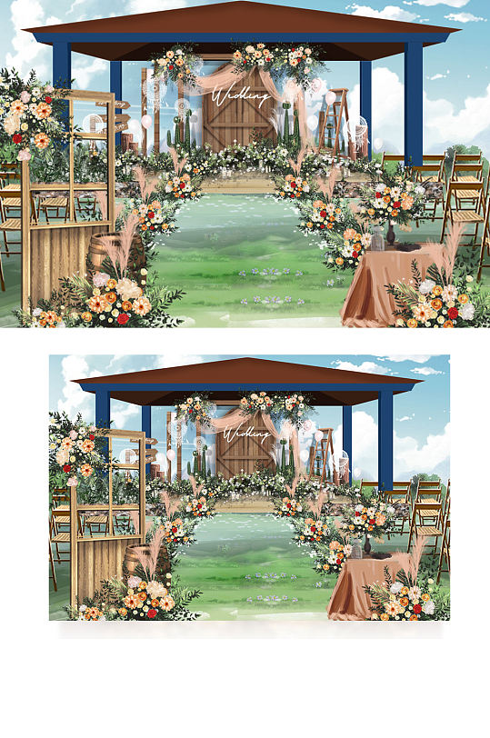 绿色婚礼户外效果图清新木质复古唯美浪漫-众图网