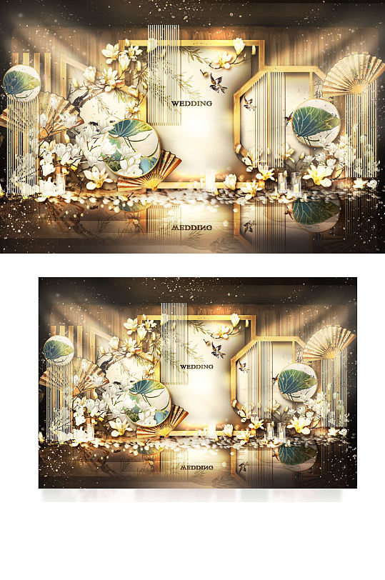新中式婚礼合影区效果图香槟色背景板复古-众图网