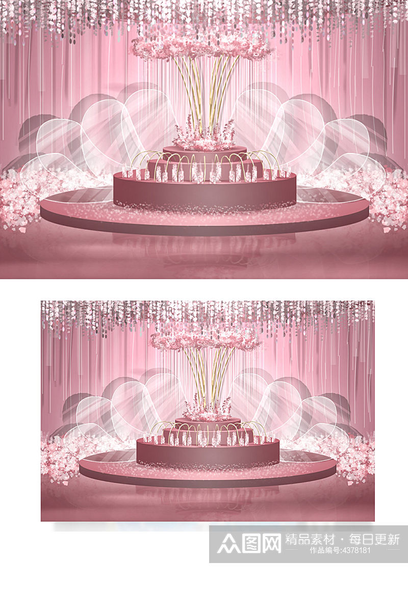 粉色系花园玻璃羽毛仪式区婚礼效果图梦幻素材