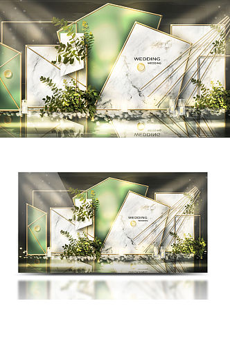 大理石婚礼合影效果图清新唯美白绿色背景板