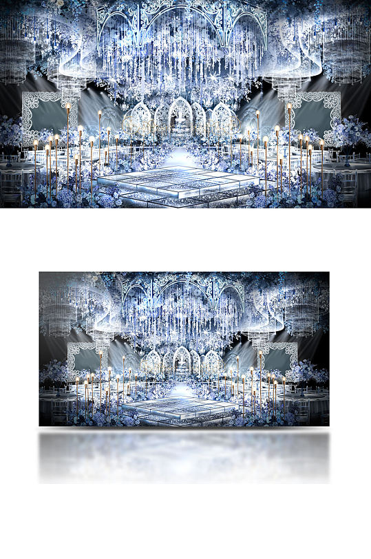 原创手绘蓝白色欧式吊顶婚礼堂效果图