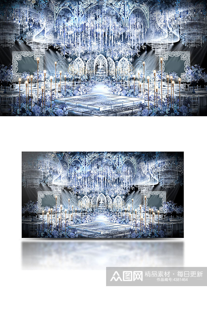 原创手绘蓝白色欧式吊顶婚礼堂效果图素材