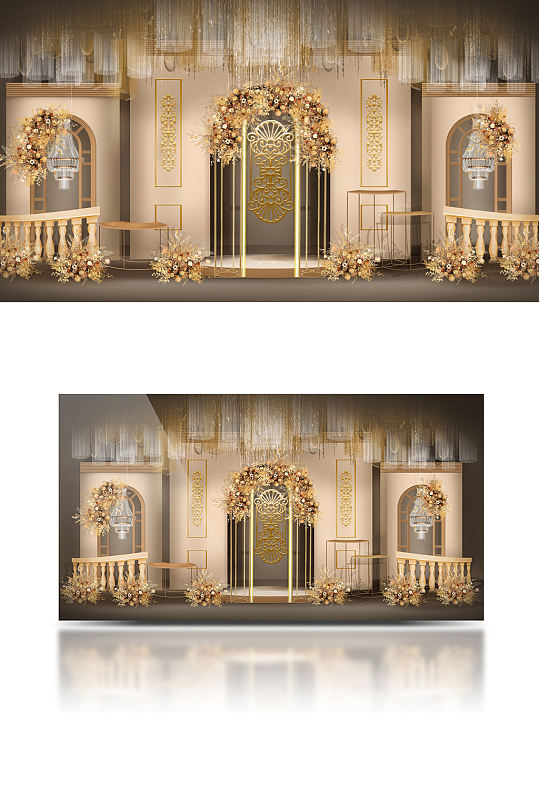 香槟色欧式婚礼效果图大气合影迎宾背景板-众图网