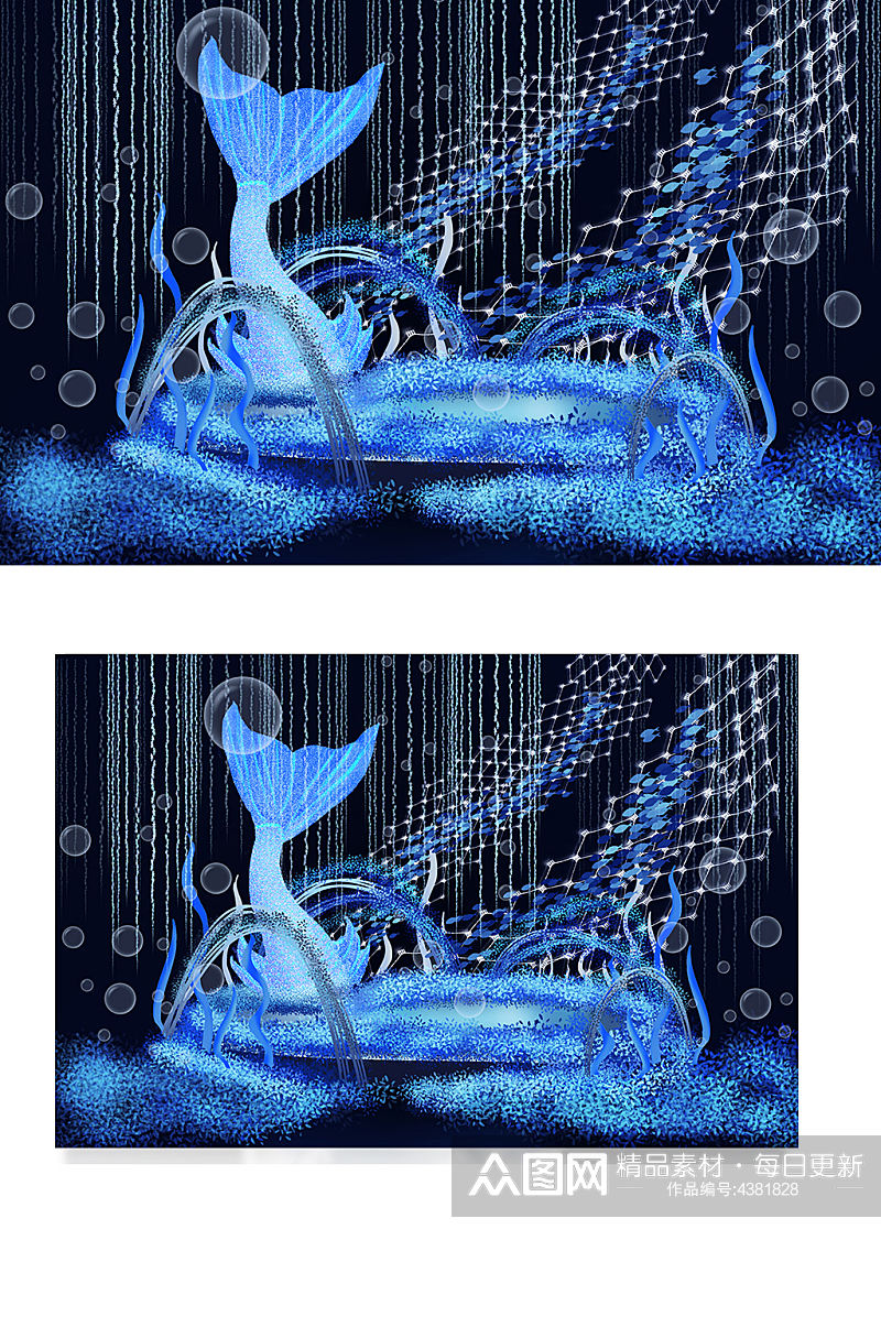 蓝色梦幻婚礼效果图美人鱼尾浪漫合影背景板素材