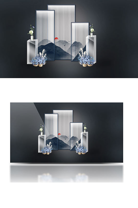 原创新中式婚礼迎宾区合影背景板山水青花瓷-众图网