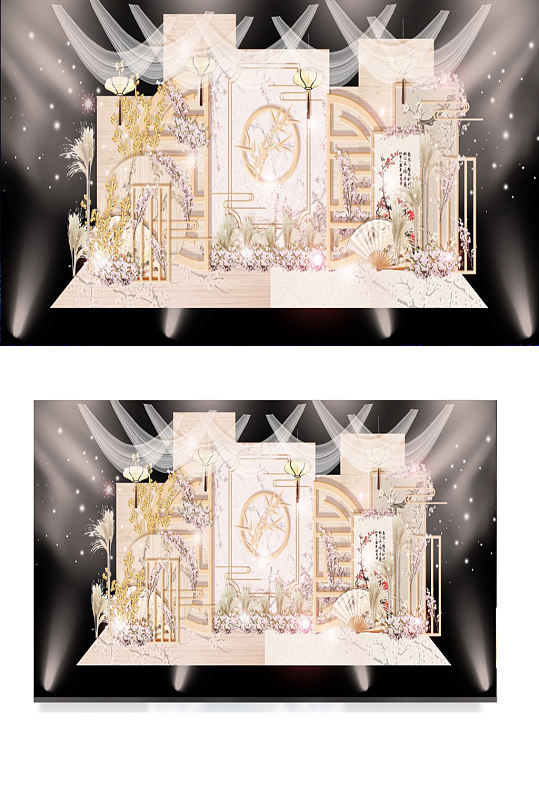 中式婚礼效果图合影区香槟色梦幻合影背景板-众图网