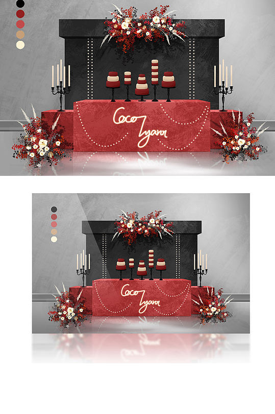 红黑时尚简约高级灰轻复古婚礼效果图甜品区-众图网