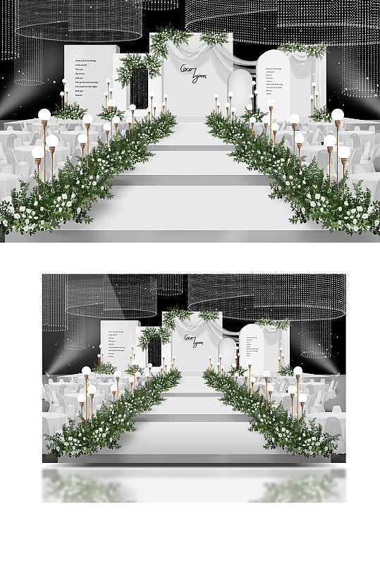 简约极简小清新白绿色韩式水晶婚礼效果图-众图网