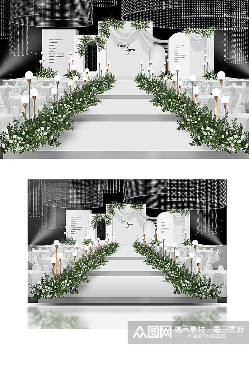 简约极简小清新白绿色韩式水晶婚礼效果图素材