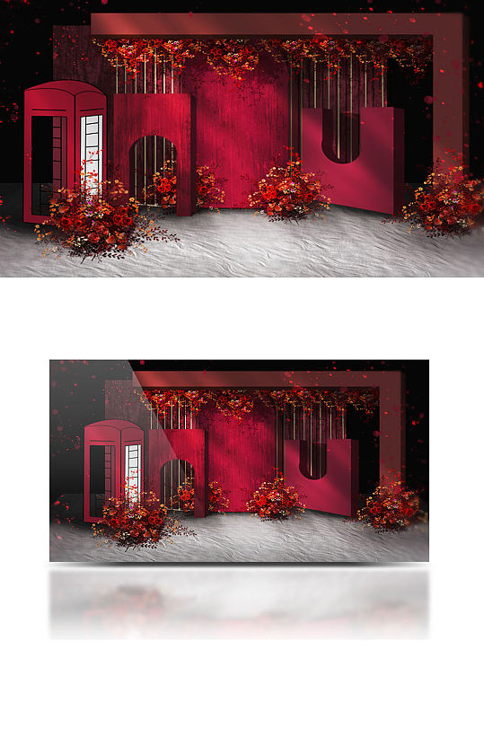 浪漫派酒红色婚礼效果图大气合影迎宾背景板-众图网