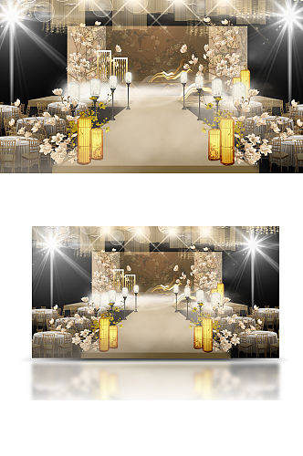 新中式古典香槟金婚礼舞台效果图仪式区