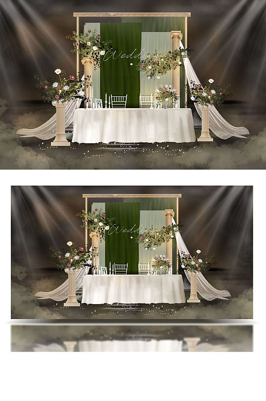 原创清新轻复古绿金色签到迎宾区婚礼效果图-众图网