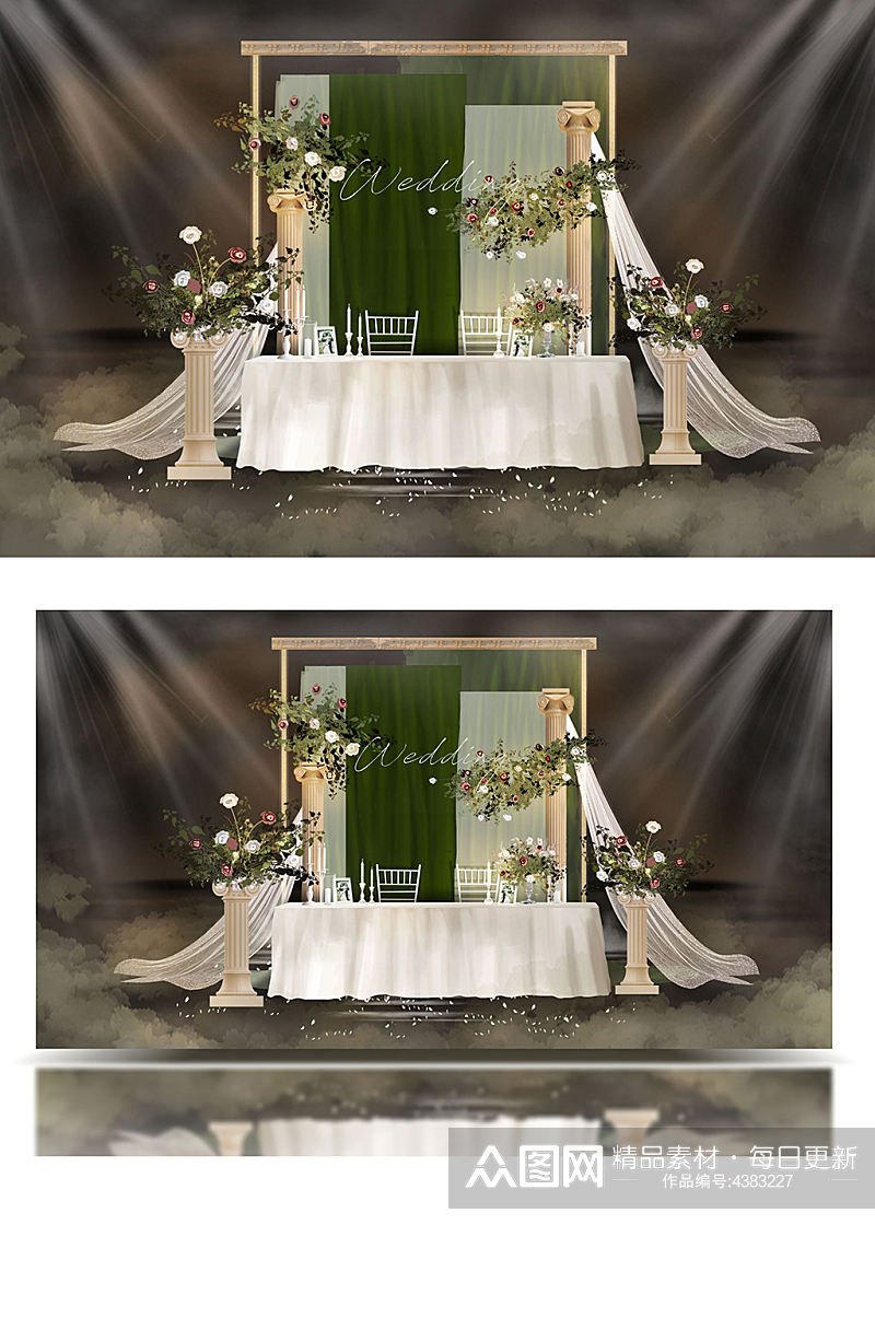 原创清新轻复古绿金色签到迎宾区婚礼效果图素材