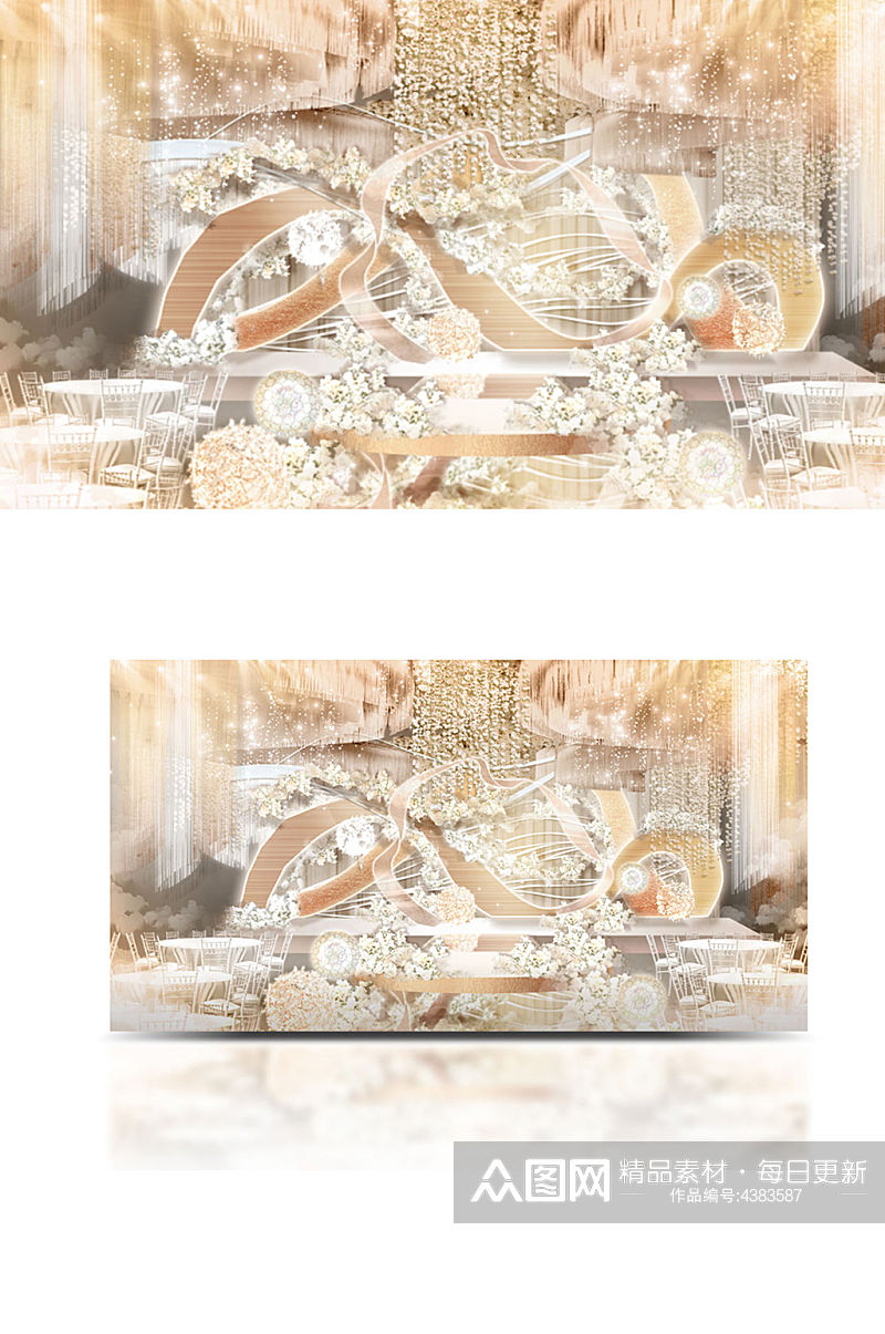 金色室内婚礼效果图香槟色舞台仪式区大气素材