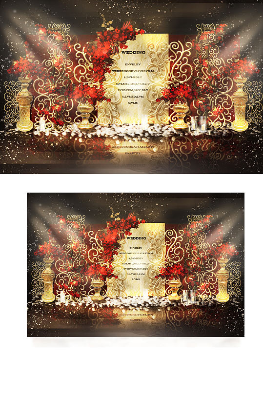 欧式婚礼合影区效果图红金色背景板迎宾-众图网