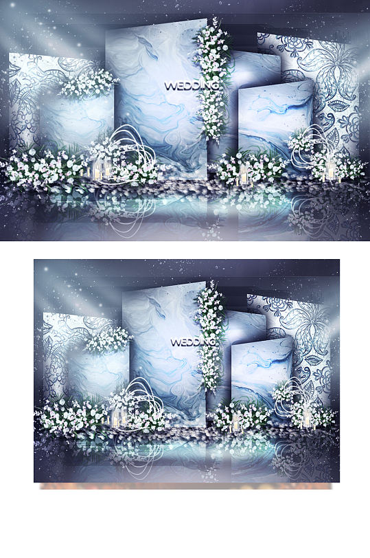 蓝色婚礼合影区效果图迎宾背景板复古梦幻-众图网