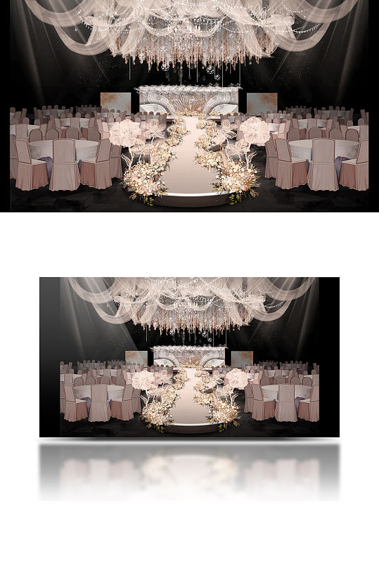 香槟色婚礼手绘效果图纱幔蝴蝶舞台