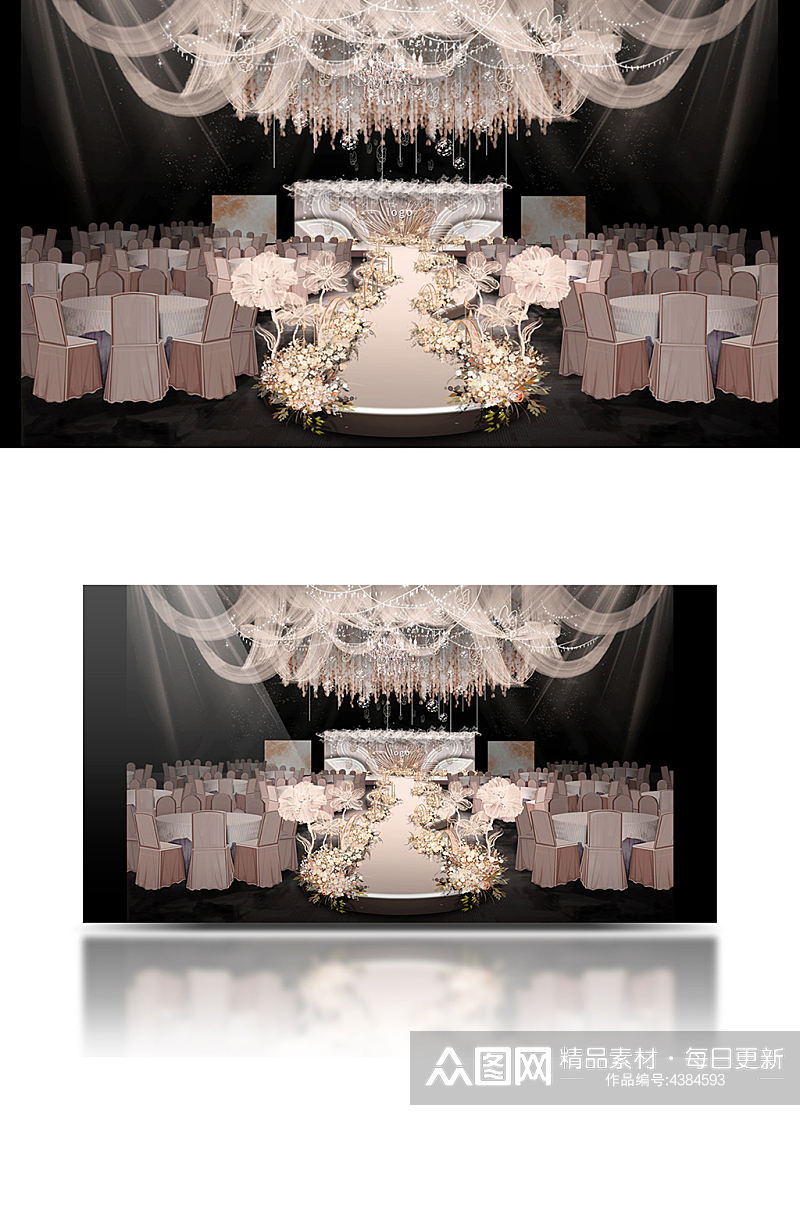 香槟色婚礼手绘效果图纱幔蝴蝶舞台素材