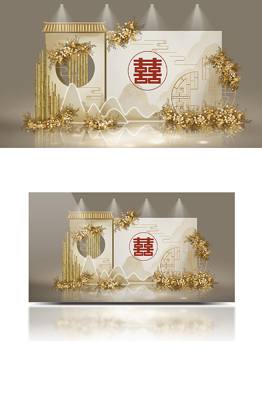 简约清新香槟色新中式中国风婚礼效果图背景