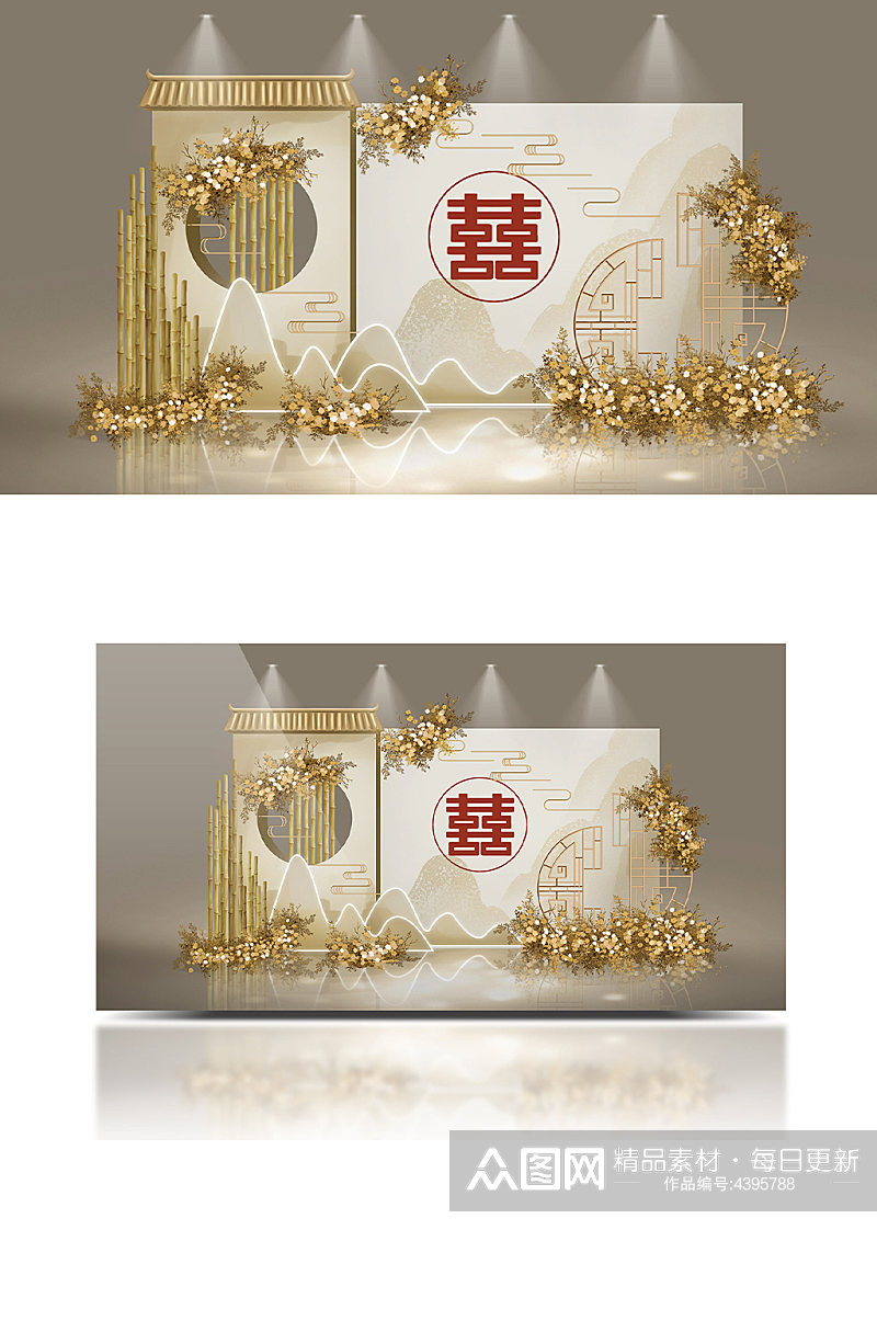 简约清新香槟色新中式中国风婚礼效果图背景素材