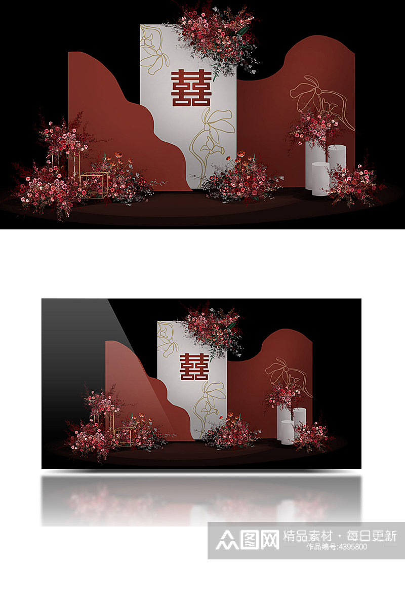红白撞色简约新中式婚礼效果图背景合影素材