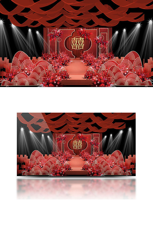 红色中式婚礼效果图舞台仪式区大气喜庆-众图网