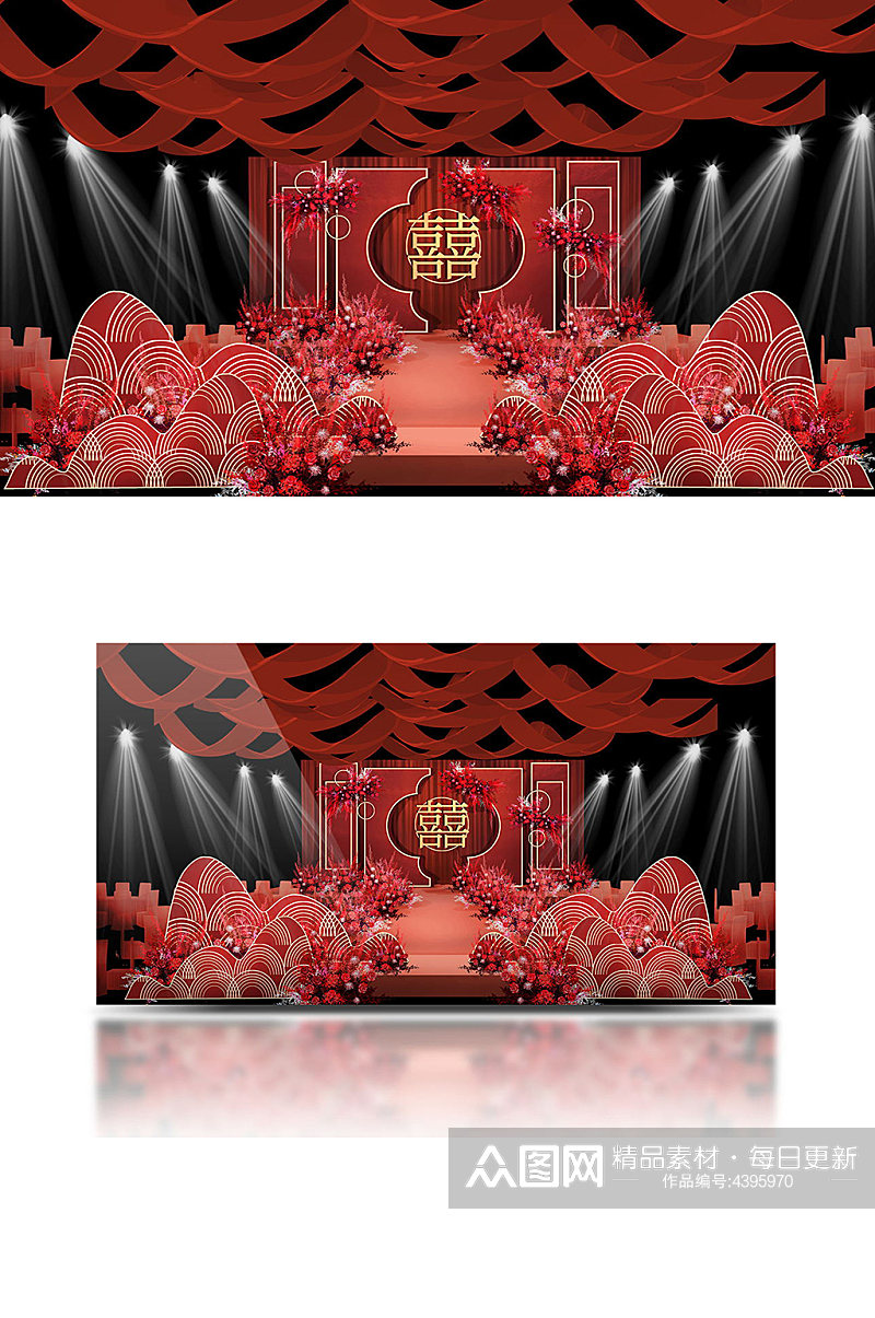 红色中式婚礼效果图舞台仪式区大气喜庆素材