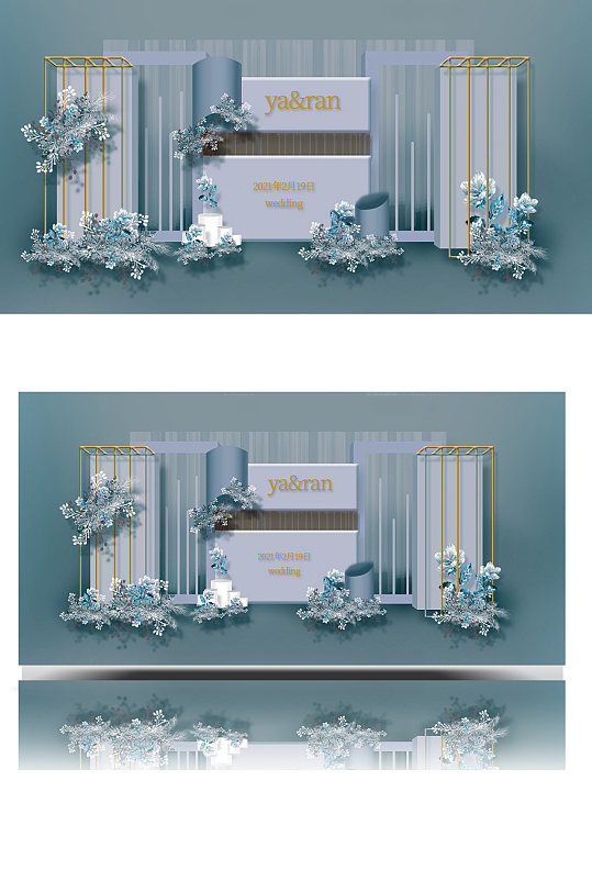 浅蓝色婚礼效果图清新合影迎宾背景板-众图网