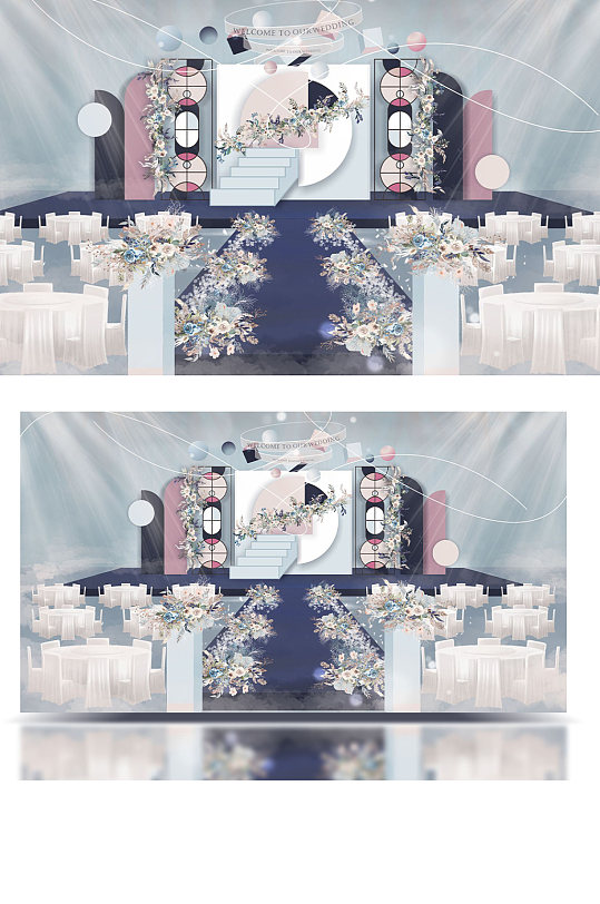 原创清新简约粉蓝色撞色风格婚礼舞台效果图-众图网