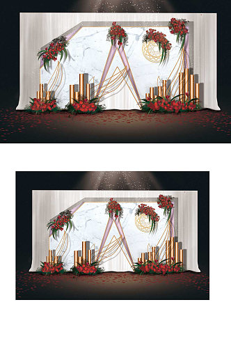 唯美婚礼舞台设计红白简约合影背景板