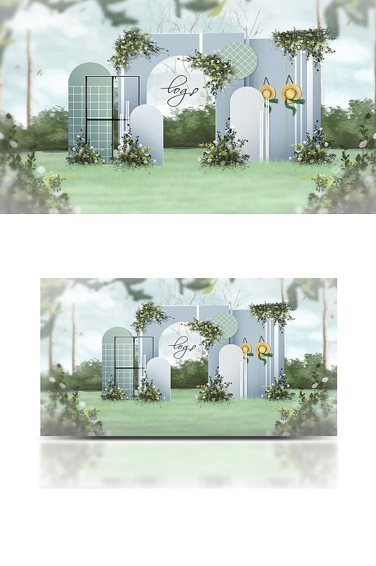 户外小清新白绿蓝迎宾区婚礼效果图草坪-众图网