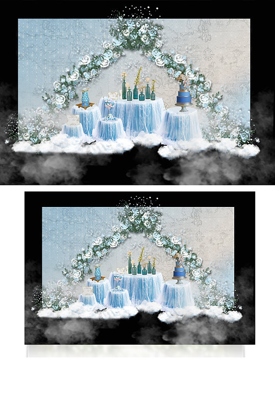 蓝色简约大气清新婚礼甜品工装效果图-众图网