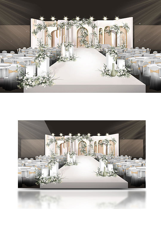 香槟白舞台自然花艺婚礼手绘效果图仪式区-众图网