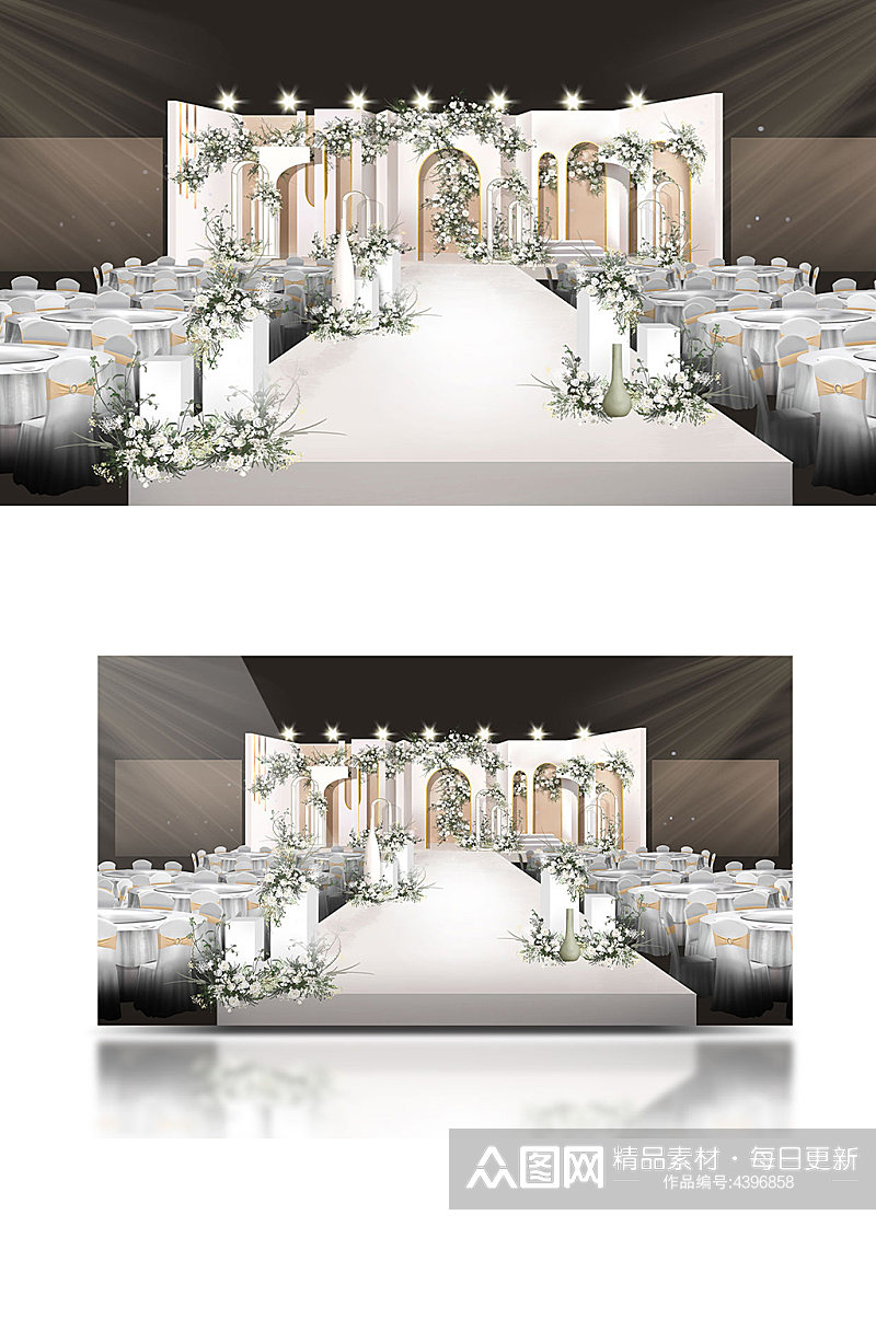 香槟白舞台自然花艺婚礼手绘效果图仪式区素材