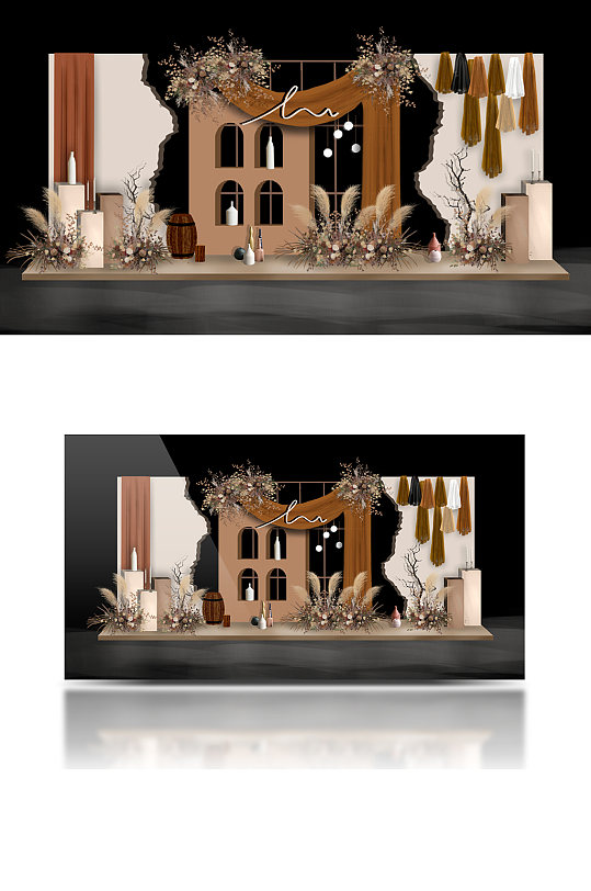 秋色咖色奶茶色婚礼合影背景板迎宾浪漫-众图网